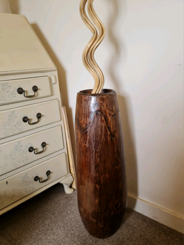 Large Vintage Primitive Hollowed Out Wooden Floor Standing Vase