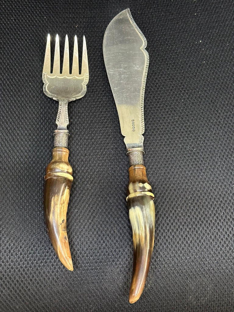 Antique Silver Plated Fish Knife And Fork Set With Silver Collars.