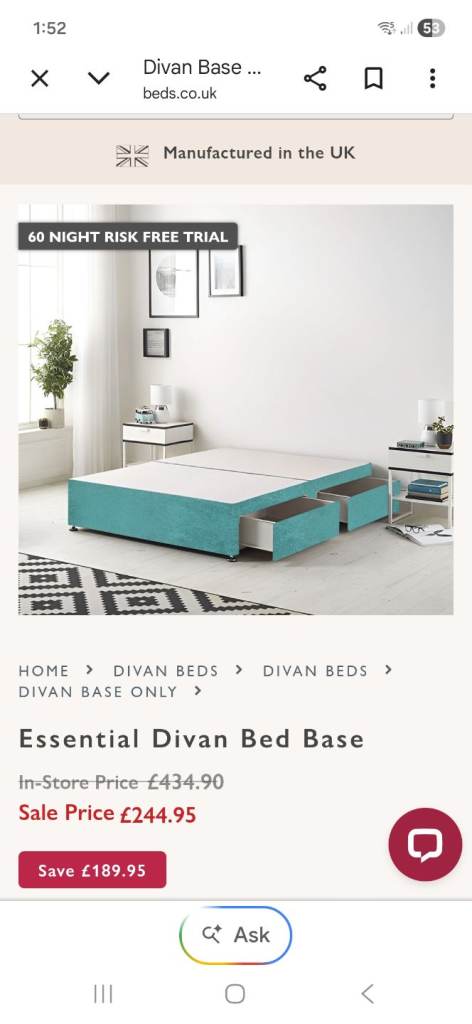 Queen/4ft Divan Bed Base with Mattress & Drawers