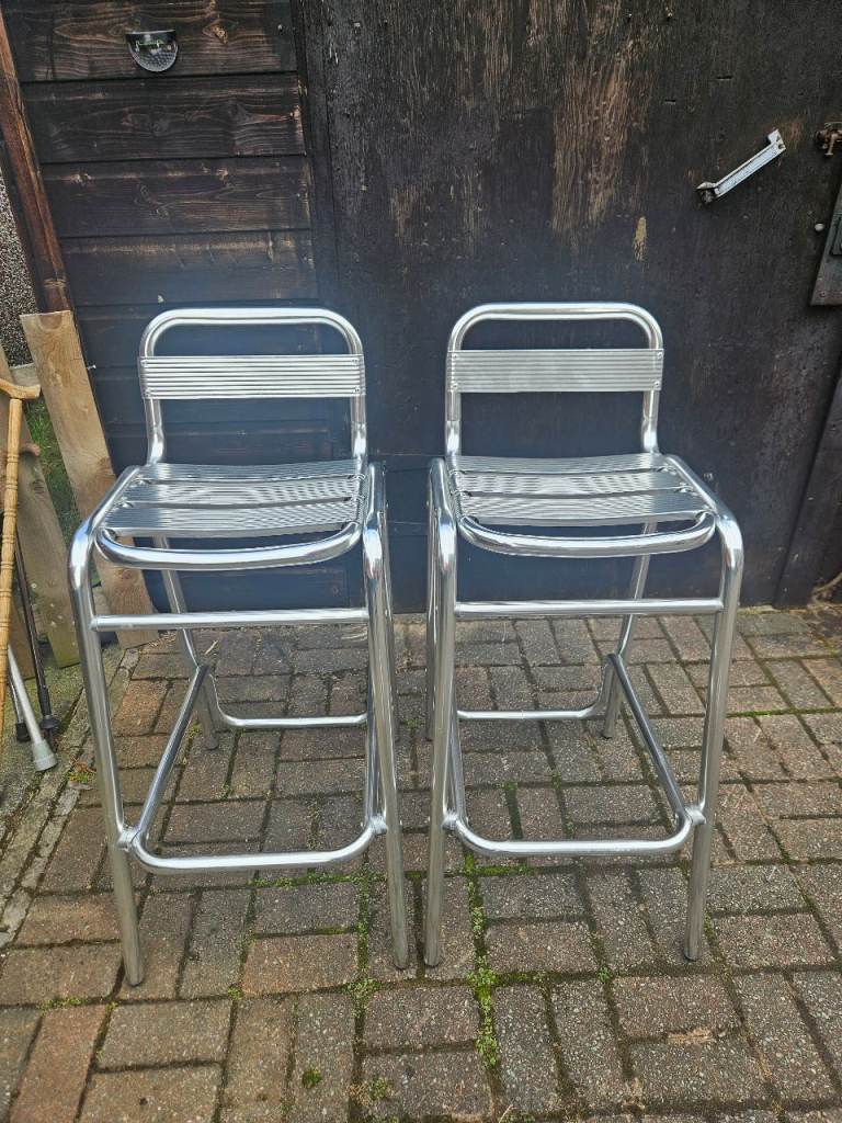 Pair of Silver Metal Bar Stools – Good Condition