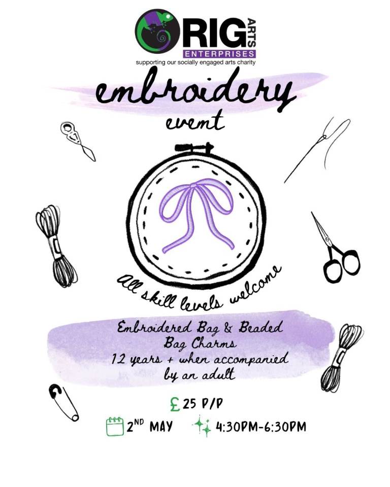 RIG Arts Embroidery Event 2nd May 16:30-18:30 Greenock £25 p/p