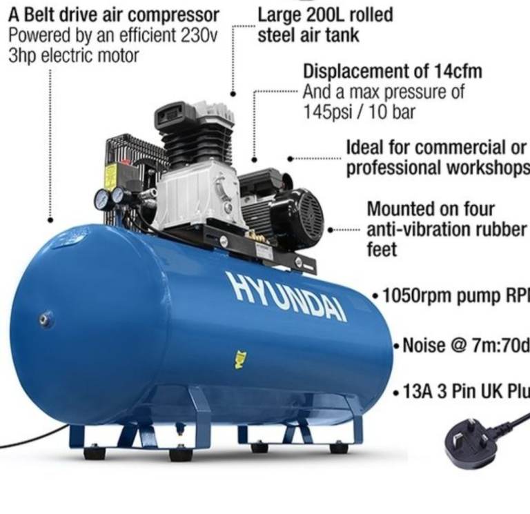 Hyundai 200 Litre Air Compressor 14CFM/145psi Electric 3hp - HY3200S and AIR HOSE REEL 15m/10mm