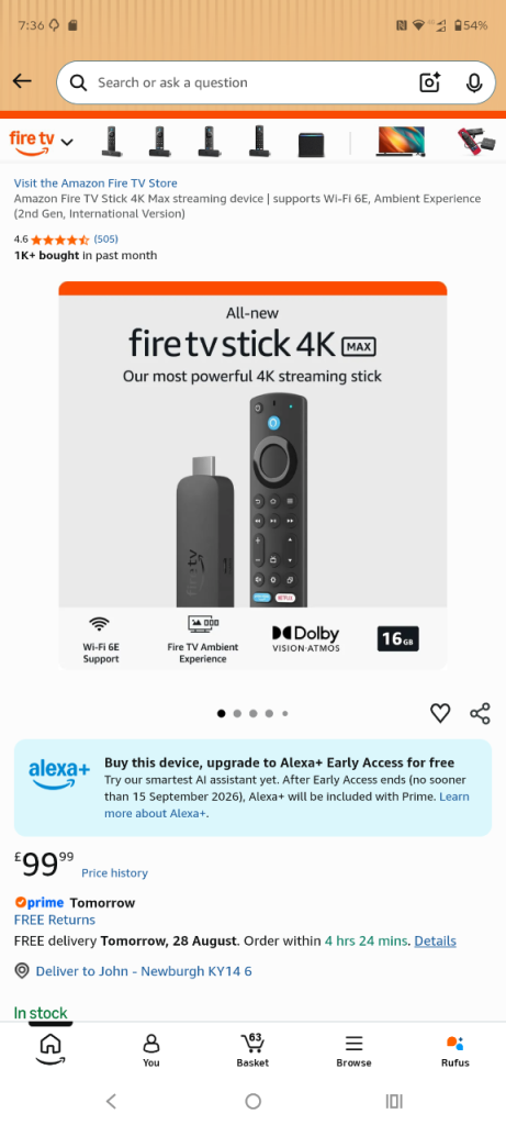 Amazon Fire TV Stick 4K Max streaming device (2nd Gen, International Version)