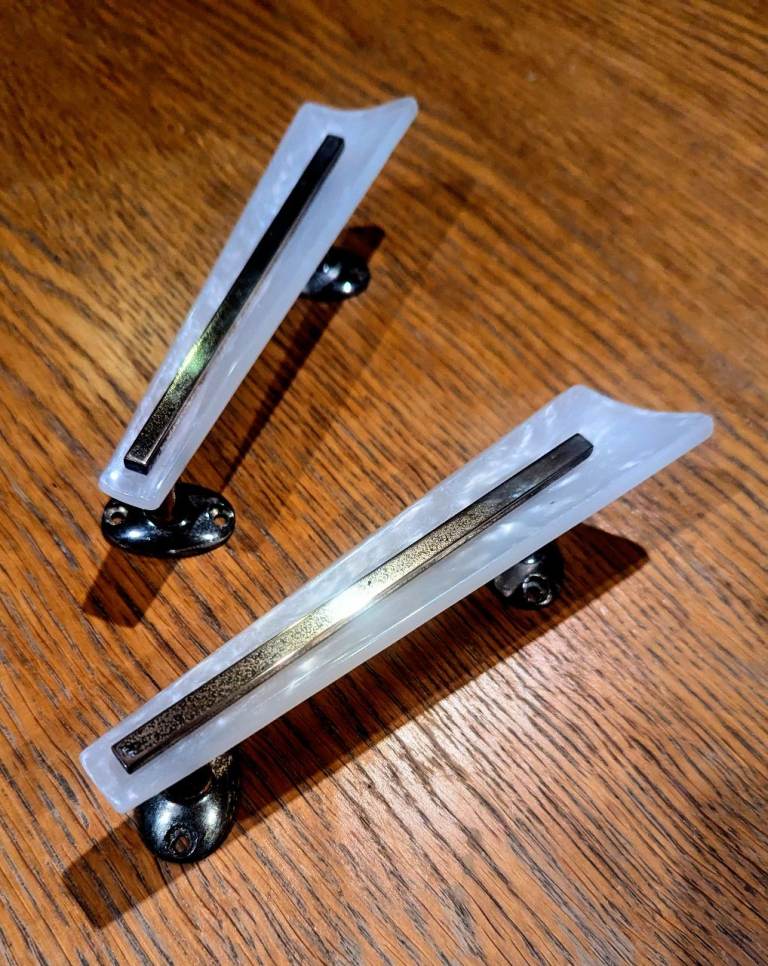 Vintage Lucite pearlescent and brass door handles