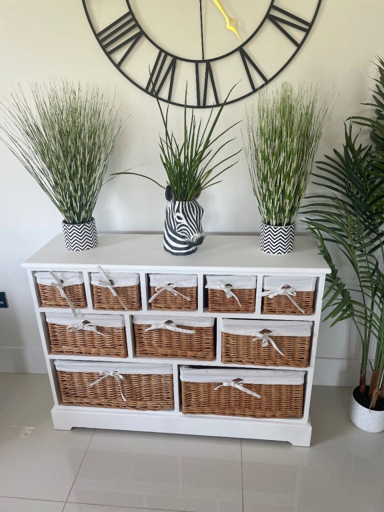 White Wooden Storage Unit with Wicker Baskets – Good Condition