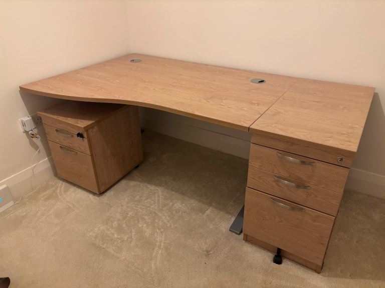 Curved oak colour desk  with two and three drawer pedestals