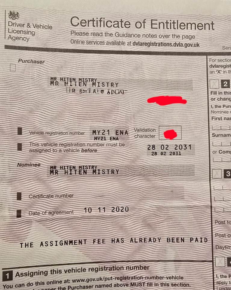 MY21ENA Private Number Cherished Registration with entitlement 