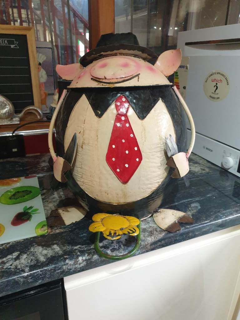 Large Metal Pig Chef Figurine - Good Condition