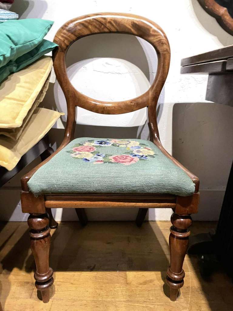 image for  Victorian mahogany balloon-back dining chair with ta needlepoint upholstered seat. 