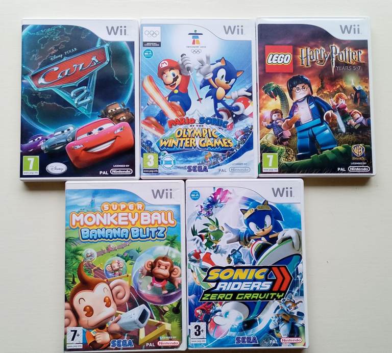 Nintendo Wii Games x5 (Used-Mint) Mario & Sonic, Harry Potter, Cars 2, Sonic Riders, Monkey Ball 