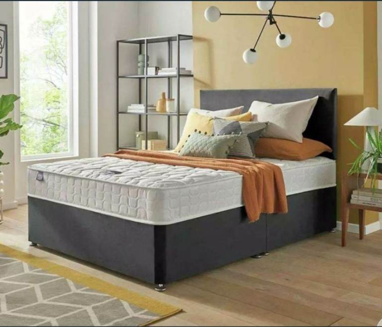 New Double Bed and Mattress Complete Set – Grey Fabric