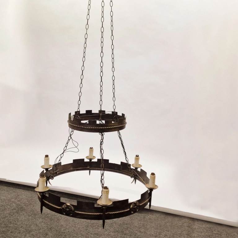 Antique Ceiling Light Chandelier 6 Lamp 2 Ring 29 1/2" Diameter Tudor Gothic
