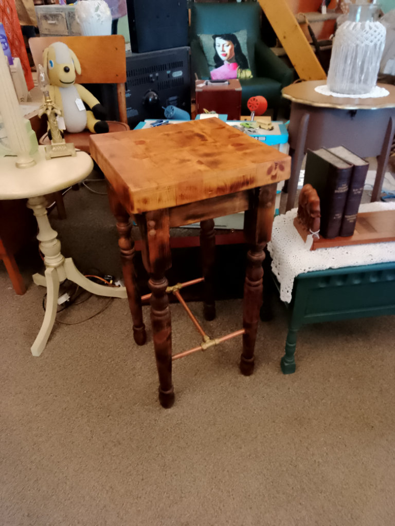 Butchers Block Bar Stool/Plant Stand.Turned legs.Copper pipe stretchers.Scorched effect and waxed