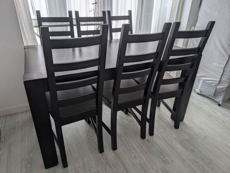 Black wood dining table and 6 chairs set