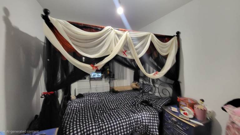 Four-poster canopy double bed frame metal + mattress