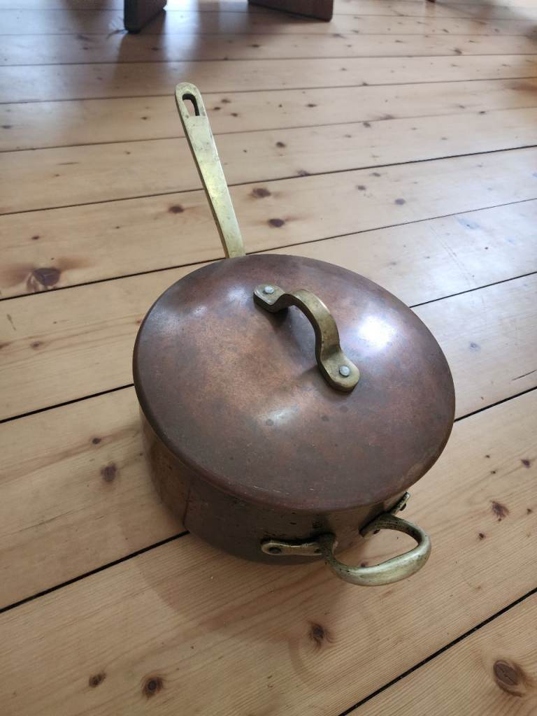 Vintage Copper Saucepan with Brass Handle and Lid