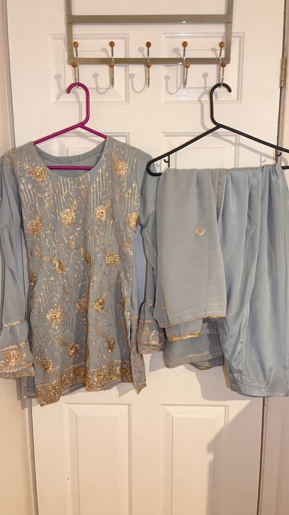 Grey Patiala Salwar Kameez Suit with Gold Embroidery