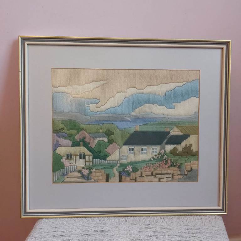 Framed Embroidered Seascape Cottage Scene Picture