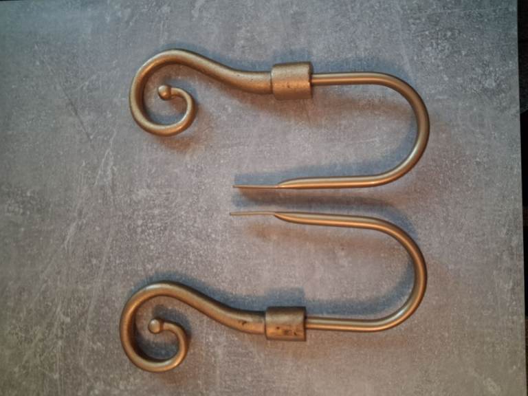 Pair Gold Shepherds Crook Style Curtain Tie Backs/Finials - 9” Long