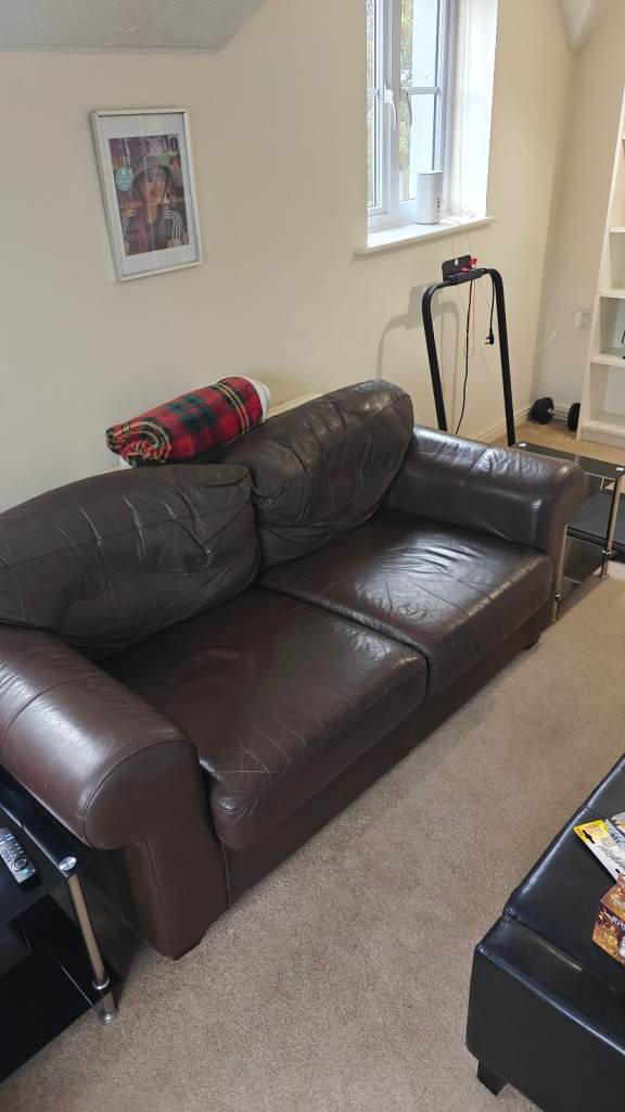 Brown Leather 2-Seater Sofa - Good Condition