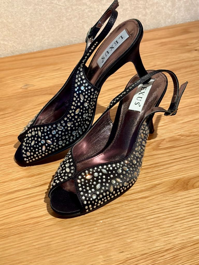 BNWTS UK 4/37 LEXUS Black Satin Allover Diamanté Peep Toe 3” Heel Slingbacks EXC