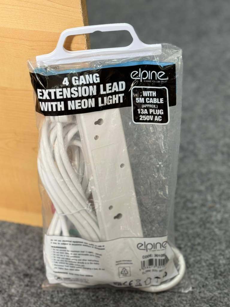 4‑Gang Extension Lead – 5m Cable, Neon Indicator, Home & Office Use