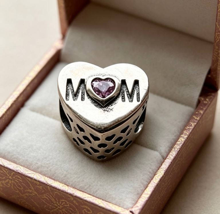 Silver 'MOM' Heart Charm with Pink Stone with free Pandora Pouch