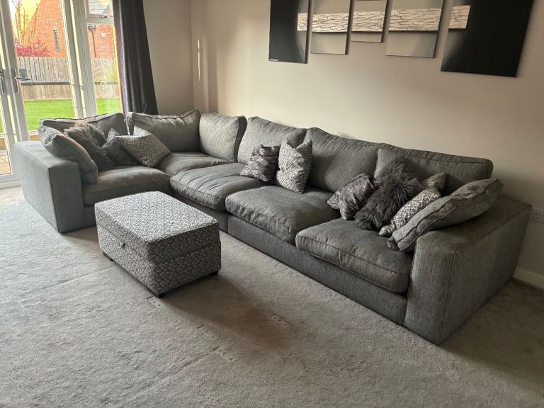Large Grey/Silver Sofology Corner Sofa, cushions and puffy 