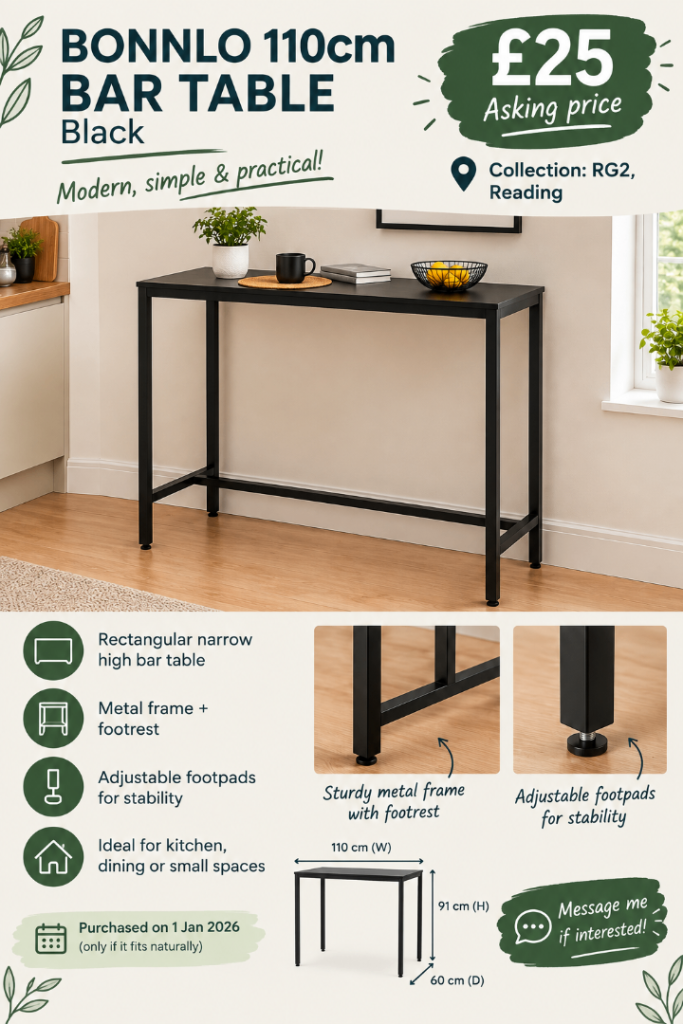BONNLO 110cm Black Bar Table – As Good As New