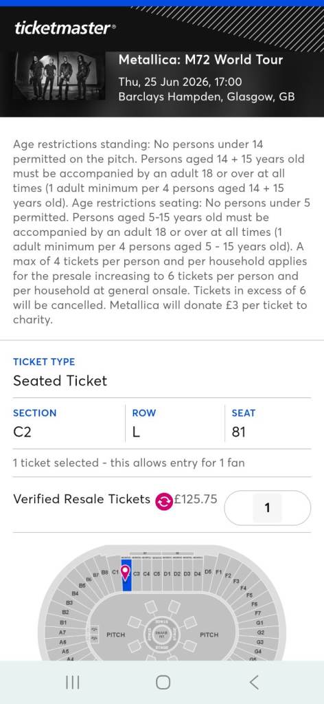 Metallica ticket  for resale on Ticket master 