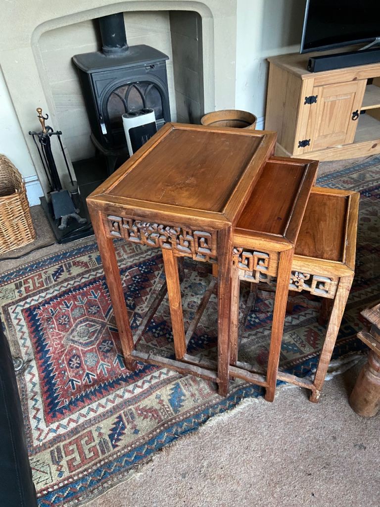 Nesting Side Tables – Decorative Carved Wood, Good Condition