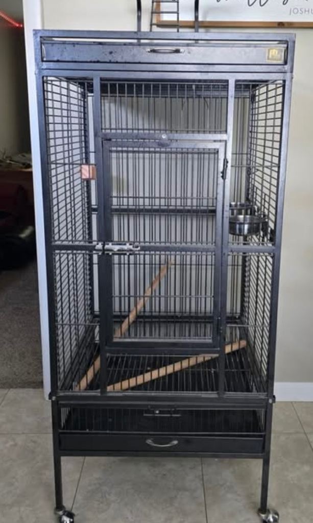 Large Black Metal Bird Cage with Perches and Bowls on Wheels