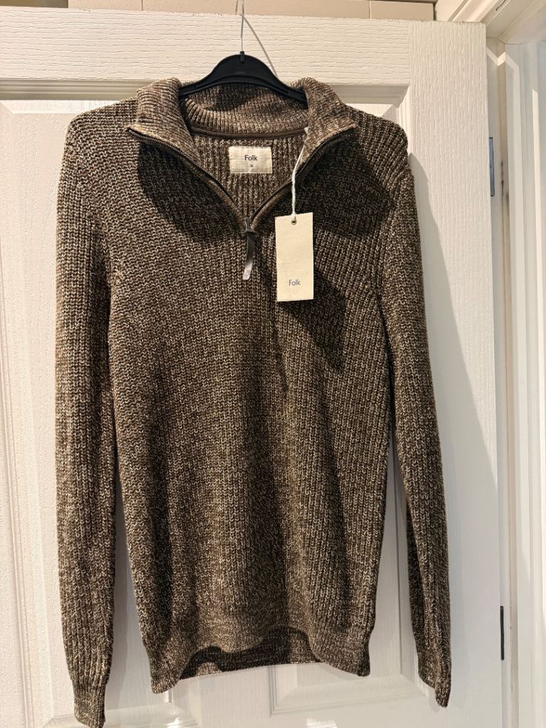 BNWT Folk Twist Quarter Zip Jumper Brown Mix 100% Cotton Size M (RRP £160)