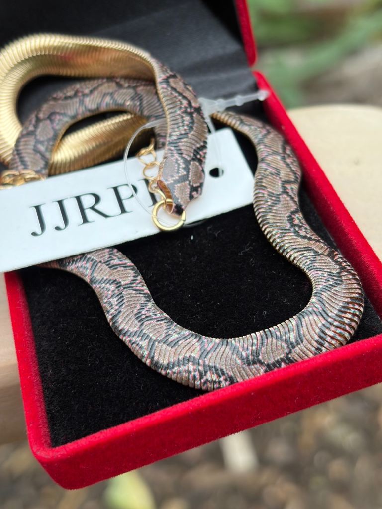 Gold Tone Metal Necklace with Stylish Snake Print Design