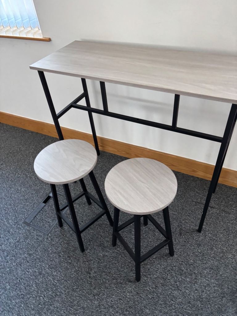 Grey Wood Effect Bar Table and Two Stools – Good Condition