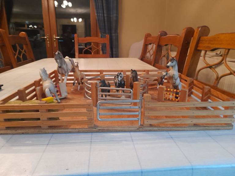 Toy Wooden horse arena and bryer horses.