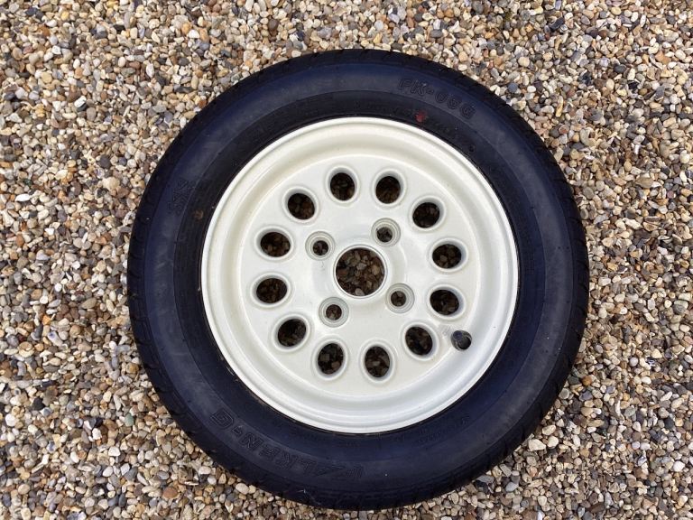 Classic Mini Pepper Pot wheel and unused tyre. 