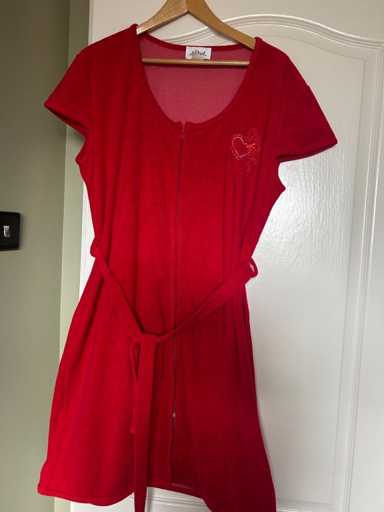Afibel Red Velour Zip-Front Housecoat with Embroidered Heart Detail