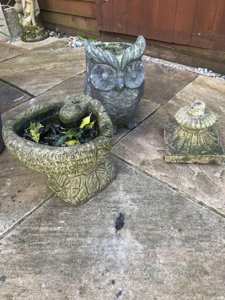 Vintage Stone Garden Ornaments Job Lot Owl Statue Bird Bath Planter concrete Decor