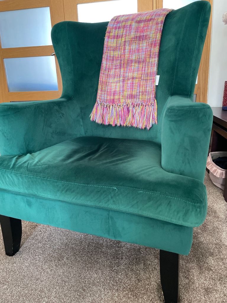 Jade green armchair, velvet feel, high back, 