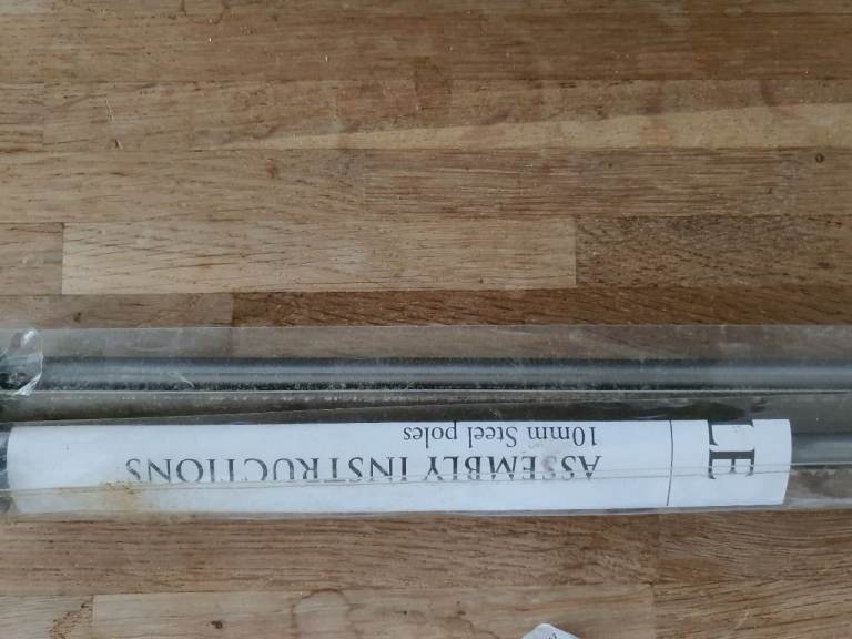2 John Lewis 120cm length 10mm polished steel curtain pole plus fittings