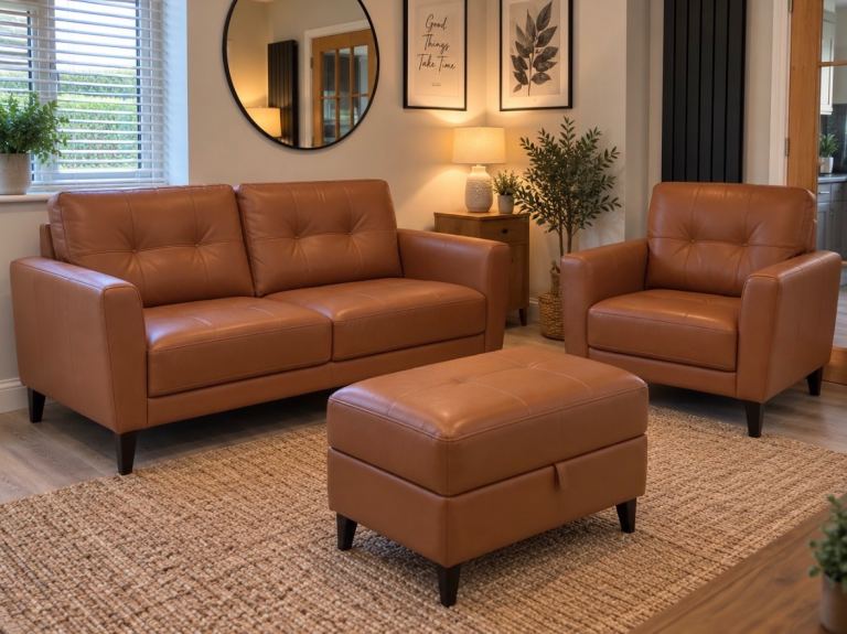 World of Leather Uno Leather 2-Seater Sofa, Armchair & Storage Footstool