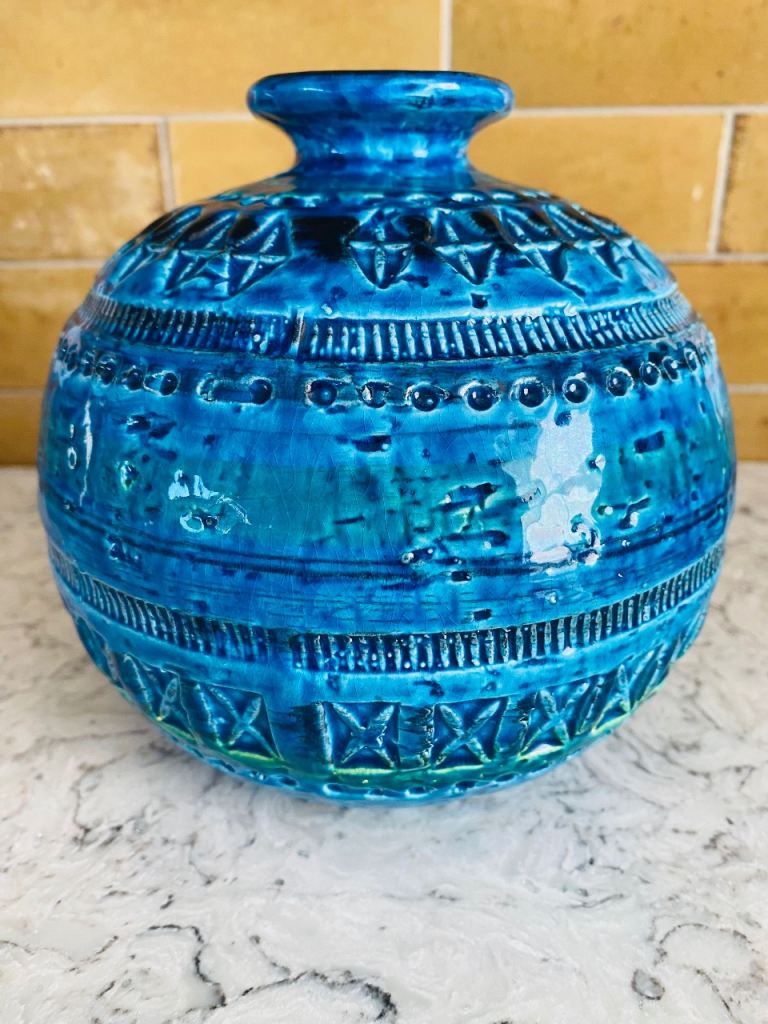 Bitossi Rimini Blue Ball Globe Round Vase Vintage Aldo Londi Italy Mid Century 