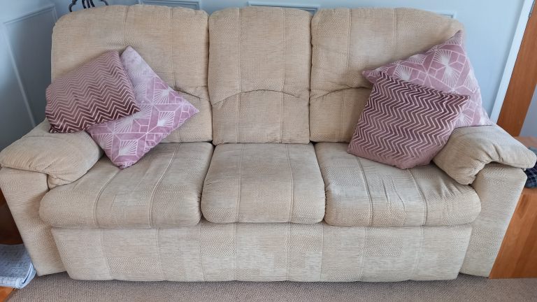 G Plan three piece suite with reclining chairs and storage footstool.