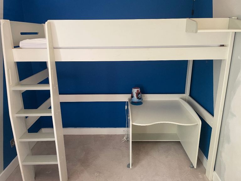 Quality Wooden High Sleeper Bed with Freestanding Desk & Shelf – White