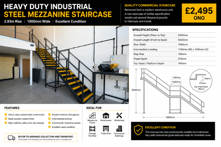 Heavy Duty Industrial Steel Mezzanine Staircase – 2930mm Rise – 1000mm Wide