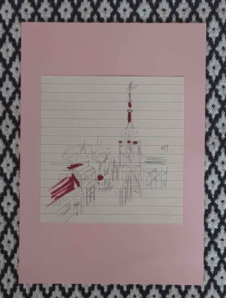 Original pencil & ink cityscape sketch drawing, mounted & signed 