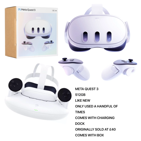Meta Quest 3 512GB VR Headset with Charging Dock, £350.00 for Sale