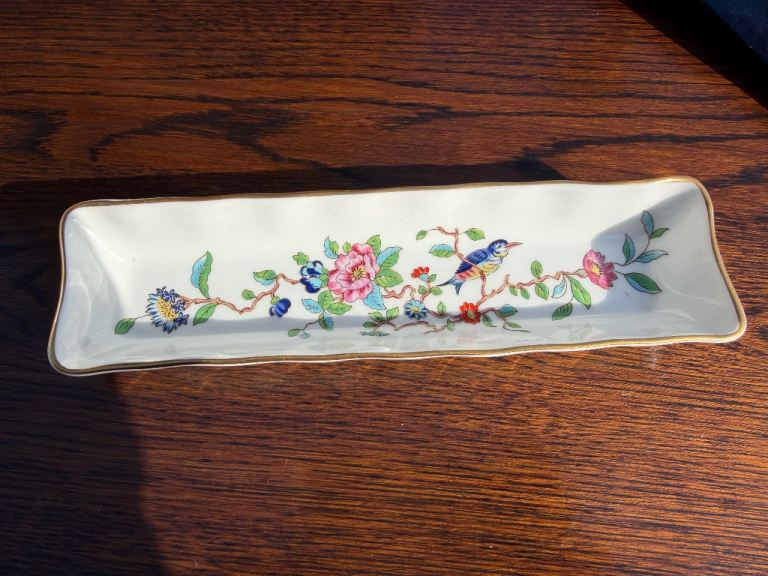 Aynsley Fine Bone China Pembroke Bird Floral Pattern Tray, Trinket, Jewelry Dish