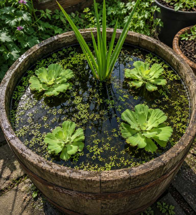 Whisky Barrel Mini Pond with Aquatic Plants